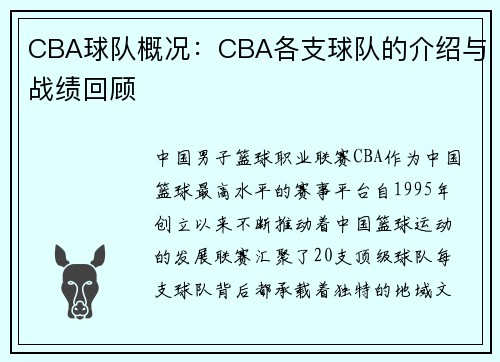 CBA球队概况：CBA各支球队的介绍与战绩回顾